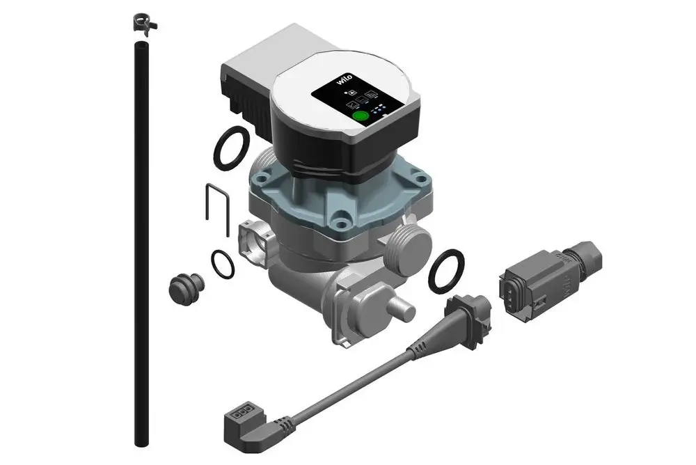 Bosch Pumpe mit digitalem Display und verschiedenen Anschlüssen sowie Dichtungen, geeignet für Flüssigkeitsanwendungen in technischen Systemen.